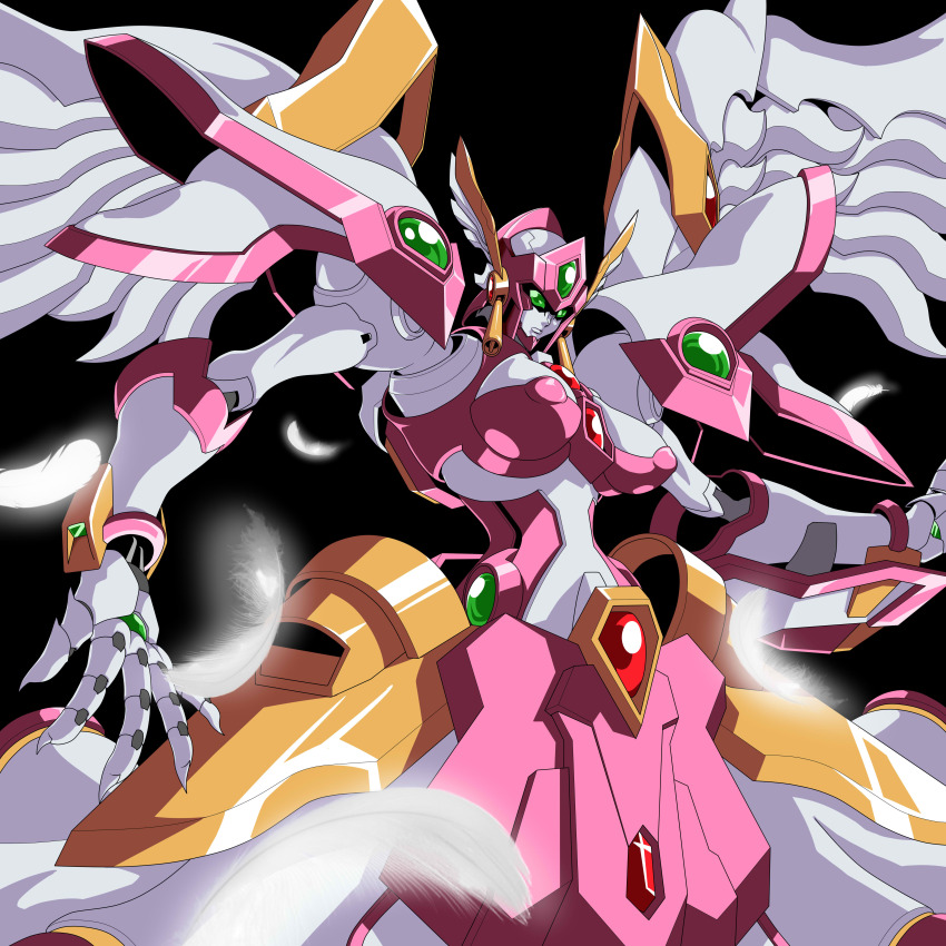 absurdres angelg black_background breasts closed_mouth falling_feathers feathers fingernails green_eyes helmet highres kds_(0049) large_breasts mecha mecha_focus nipples no_humans outstretched_arms sharp_fingernails super_robot_wars super_robot_wars_og_the_inspector super_robot_wars_original_generation super_robot_wars_original_generation_2 white_feathers winged_helmet wings