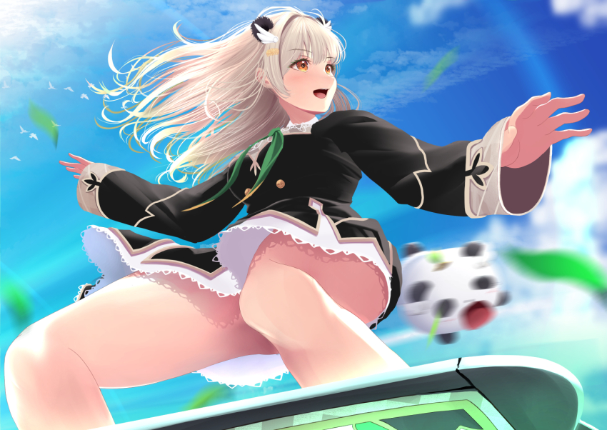 1girl amatsuna_sasaha animal_ears black_dress blue_sky blush bow bowtie breasts cloud commentary_request day dc24v dress feet_out_of_frame from_below green_bow green_bowtie grey_hair long_hair long_sleeves looking_afar medium_breasts motion_blur nanashi_inc. open_mouth orange_eyes outdoors panda panda_ears panda_girl sky smile solo surfing virtual_youtuber