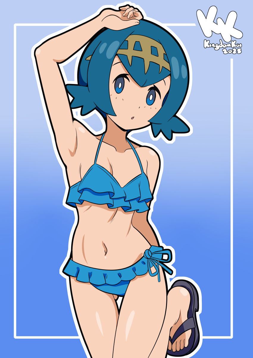 1girl absurdres alternate_costume arm_up armpits artist_name bikini blue_background blue_bikini blue_eyes blue_hair breasts bright_pupils collarbone commentary frilled_bikini frills gluteal_fold hairband highres kingdomkaikk lana_(pokemon) leg_up navel nintendo no_sclera outline pokemon pokemon_sm sandals short_hair side-tie_bikini_bottom solo swimsuit toes white_pupils