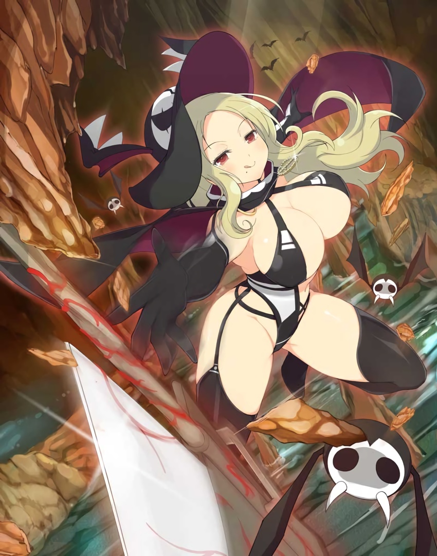 1girl bare_shoulders bats black_gloves blonde_hair cleavage_cutout boots breasts cameltoe cape cave elbow_gloves garter_straps gloves hat highres huge_breasts jumping knee_boots legs long_hair looking_at_viewer mole mole_under_mouth red_eyes revealing_clothes scythe senran_kagura shiki_(senran_kagura) sideboob thick_thighs thighs thong tongue tongue_out