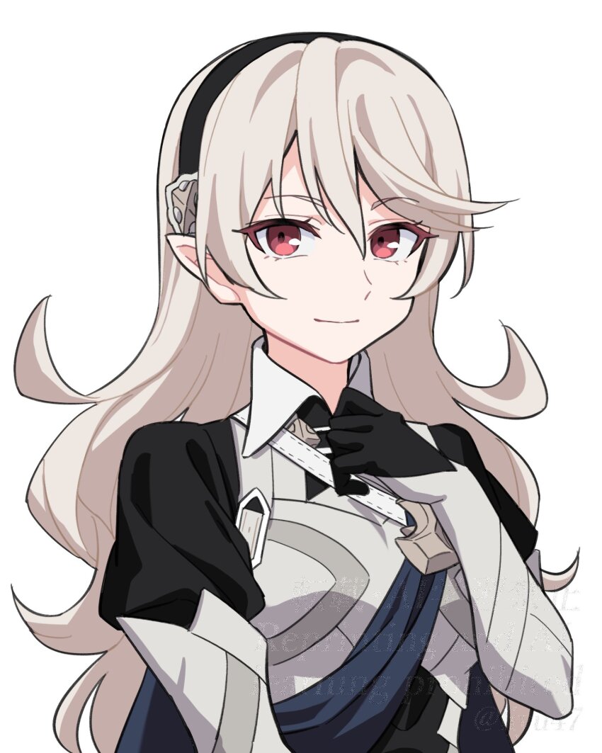 1girl black_hairband blue_cape cape female_corrin_(fire_emblem) fire_emblem fire_emblem_fates grey_hair hair_between_eyes hairband highres long_hair looking_at_viewer nintendo pointy_ears red_eyes shinae smile solo