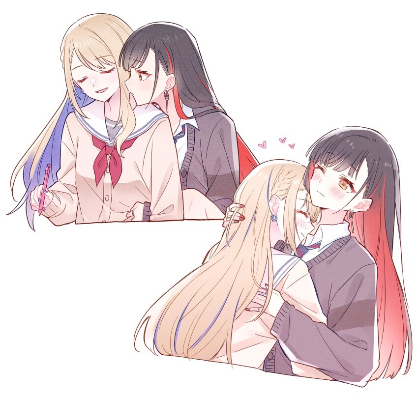 1girl 2girls azusawa_kohane beru_popooo black_hair blonde_hair blue_hair blue_necktie blush braid brown_cardigan cardigan closed_eyes closed_mouth collared_shirt colored_inner_hair commentary_request earrings grey_cardigan heart highres hug hug_from_behind jewelry kamiyama_high_school_uniform_(project_sekai) long_hair long_sleeves miyamasuzaka_girls&#039;_academy_school_uniform multicolored_hair multiple_girls multiple_rings nail_polish neckerchief necktie official_alternate_costume official_alternate_hair_length official_alternate_hairstyle one_eye_closed open_mouth orange_eyes project_sekai red_hair red_nails red_neckerchief ring school_uniform serafuku shiraishi_an shirt sidelocks whip_the_wimp_girl!!_(project_sekai) white_background white_shirt yuri