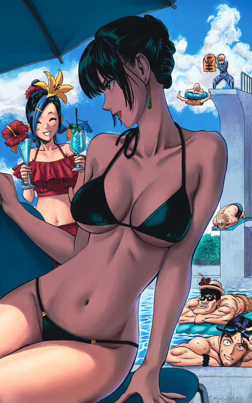 2girls 5boys absurdres bikini breasts cleavage colorized eyelashes_(one-punch_man) fubuki_(one-punch_man) genos highres king_(one-punch_man) large_breasts mountain_ape_(one-punch_man) multiple_boys multiple_girls navel one-punch_man pool saitama_(one-punch_man) sansetsukon_no_lily swimming swimsuit third-party_edit umbrella water wilwal2020