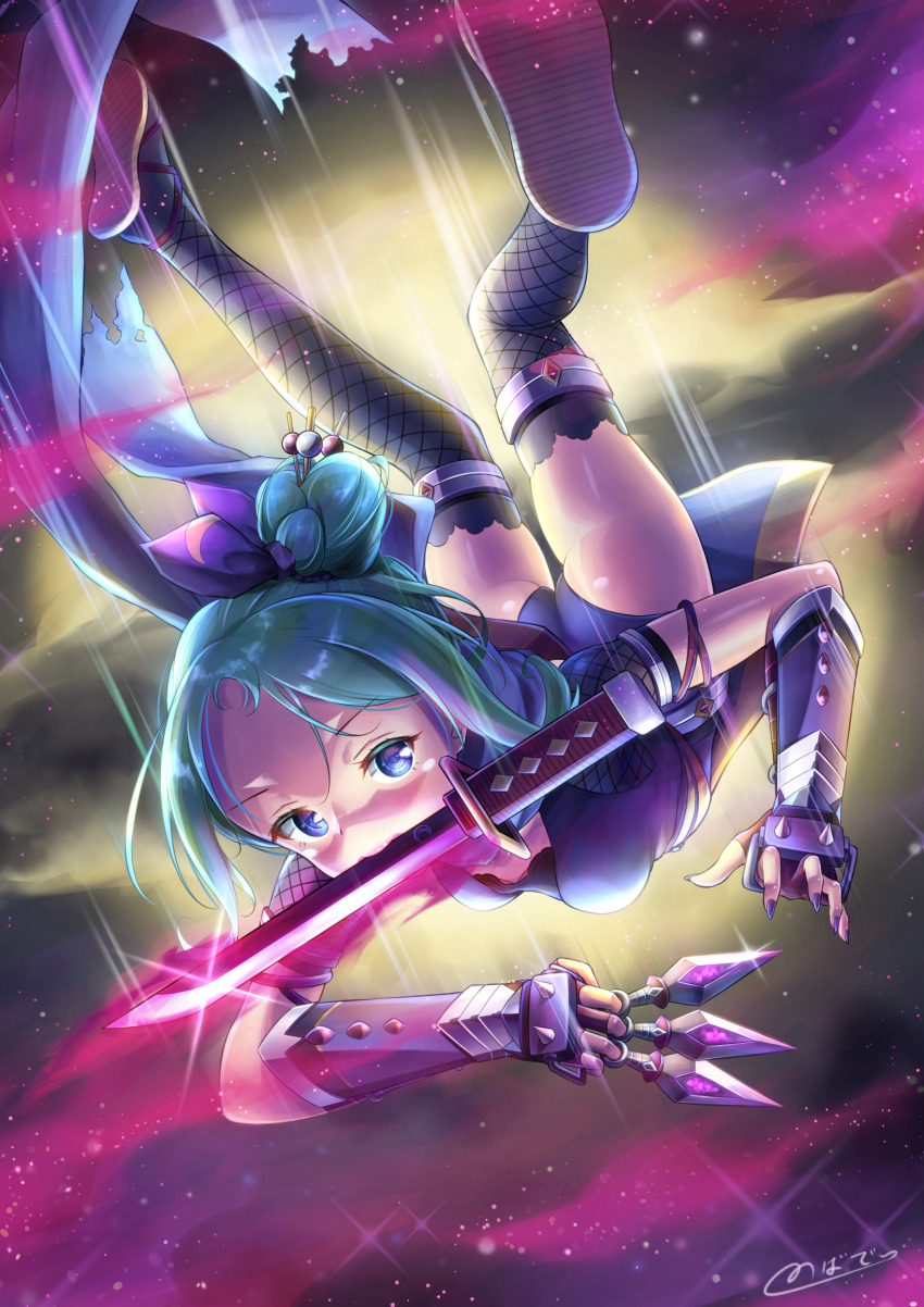 1girl akizora_mina ass bare_shoulders blue_eyes blush breasts female_focus fingernails flying gauntlets green_hair hair_ornament highres kunai leotard looking_at_viewer moon mouth_hold nail_polish night ninja novady original scarf sharp_fingernails shiny_clothes shiny_skin short_hair small_breasts solo sword thighhighs weapon