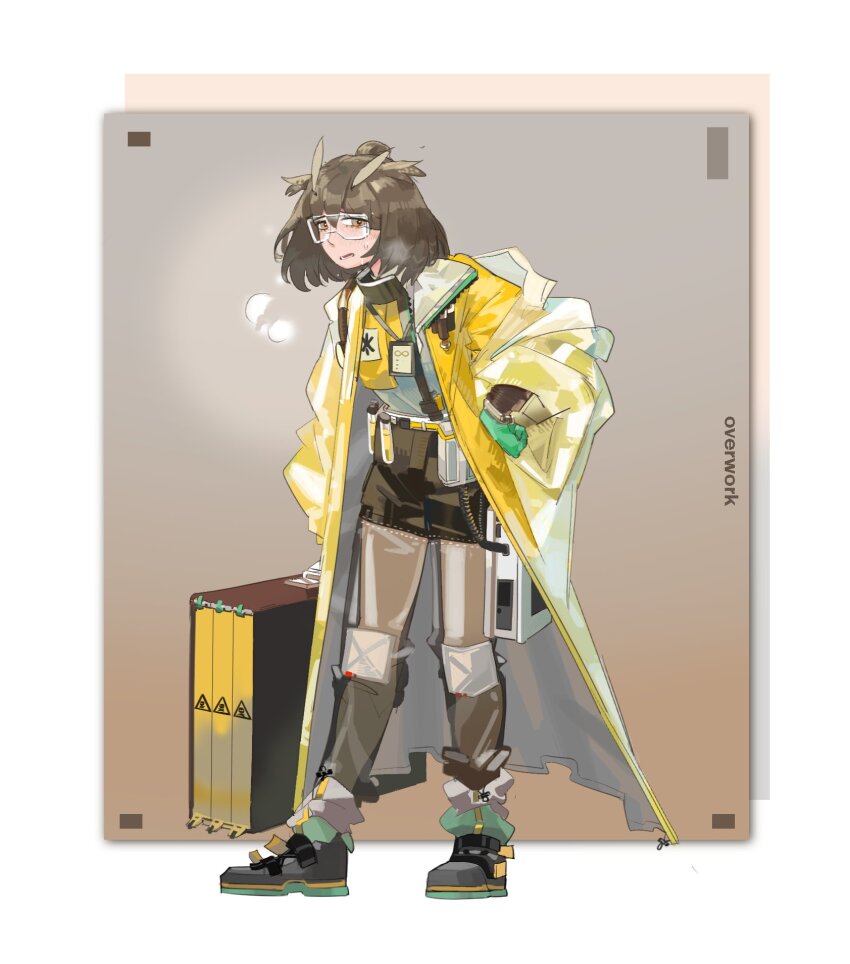 1girl aqua_gloves arknights belt_pouch black_shoes black_shorts blush briefcase brown_hair coat english_text feather_hair full_body gloves grey_shirt hair_bun hand_on_own_hip hazmat_suit heavy_breathing high_collar highres holding holding_briefcase i_sleepingnow id_card lanyard leaning_forward long_sleeves looking_at_viewer official_alternate_costume open_clothes open_coat open_mouth outside_border pants pouch rhine_lab_logo see-through_clothes see-through_pants shirt shoes shorts sideways_glance silence_(arknights) silence_(lacquer)_(arknights) solo standing sweat test_tube wide_sleeves yellow_coat