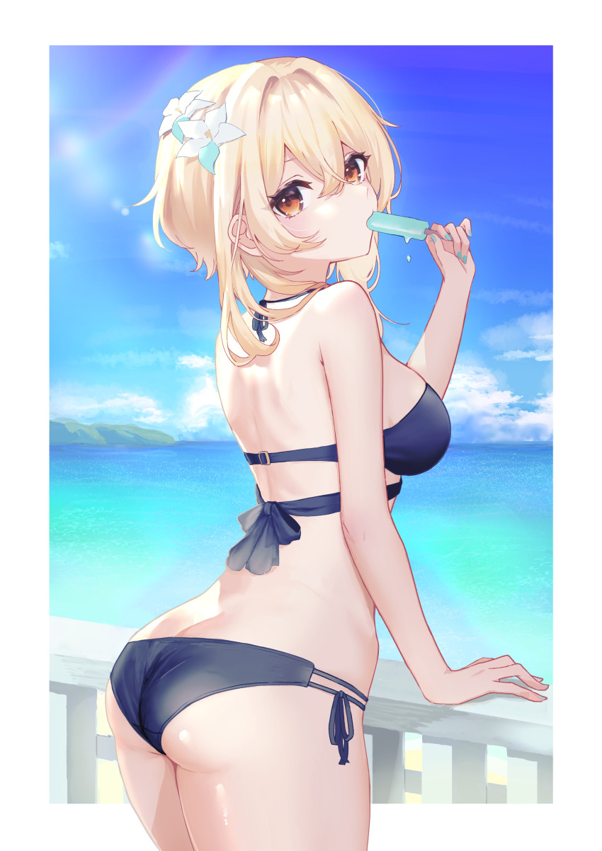 1girl absurdres ass back beach bikini black_bikini blonde_hair blue_sky blush border breasts butt_crack cloud commentary_request cowboy_shot eating flower food food_in_mouth from_behind genshin_impact hair_between_eyes hair_flower hair_ornament highres holding holding_food holding_popsicle long_hair looking_at_viewer looking_back lumine_(genshin_impact) medium_breasts naya_nya23 ocean orange_eyes outdoors popsicle popsicle_in_mouth railing sky solo sunlight swimsuit water white_border wooden_railing