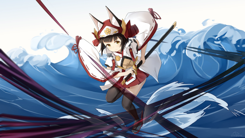 absurdres animal_ears azur_lane black_hair black_thighhighs detached_sleeves fox_ears hat highres hime_cut holding holding_sword holding_weapon japanese_clothes koebushi_(mat) miko mutsu_(azur_lane) mutsu_(warring_states_warship)_(azur_lane) ocean ribbon-trimmed_sleeves ribbon_trim shoes sword thighhighs waves weapon wide_sleeves yellow_eyes