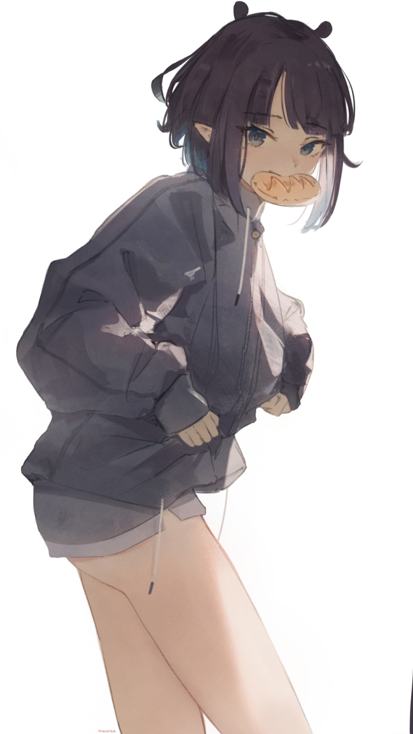 1girl cookie food grey_eyes grey_jacket grey_shorts highres hololive hololive_english jacket looking_at_viewer malvar micro_shorts mouth_hold ninomae_ina&#039;nis ninomae_ina&#039;nis_(loungewear) official_alternate_costume official_alternate_hairstyle pointy_ears purple_hair short_hair shorts simple_background solo tentacle_hair virtual_youtuber white_background