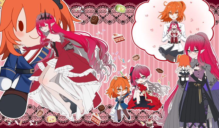 2girls absurdres baobhan_sith_(exhibition_attire)_(fate) baobhan_sith_(fate) baobhan_sith_(first_ascension)_(fate) baobhan_sith_(swimsuit_pretender)_(fate) baobhan_sith_(swimsuit_pretender)_(second_ascension)_(fate) baobhan_sith_(swimsuit_pretender)_(third_ascension)_(fate) bare_shoulders barefoot black_skirt blue_dress blush breasts character_doll detached_sleeves dress fate/grand_order fate_(series) food frilled_dress frills fujimaru_ritsuka_(female) fujimaru_ritsuka_(female)_(halloween_royalty) full_body grey_eyes hair_ornament highres le_memory legs long_hair multiple_girls multiple_views one_eye_closed open_mouth orange_hair pink_hair pointy_ears ponytail purple_shirt red_dress round_eyewear shirt short_hair side_ponytail sidelocks skirt smile sweets