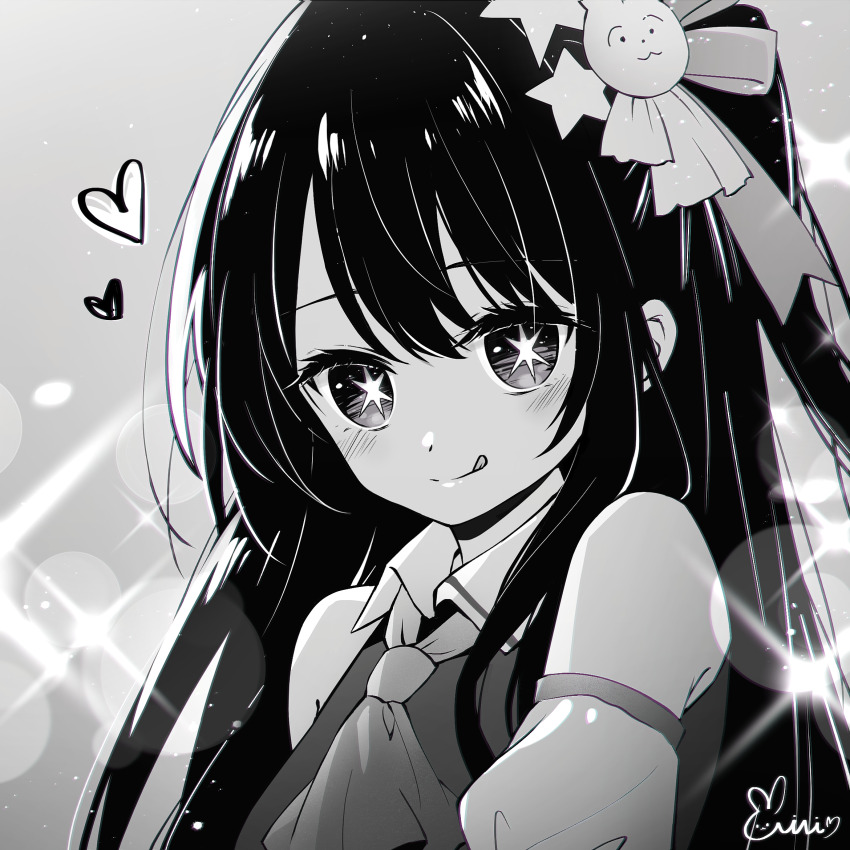 1girl bare_shoulders collared_shirt commentary_request danby_merong grey_background greyscale hair_between_eyes hair_ornament heart highres hoshino_ai long_hair looking_at_viewer monochrome oshi_no_ko puffy_short_sleeves puffy_sleeves shirt short_sleeves signature sleeveless sleeveless_shirt solo sparkle_background star_(symbol) star_hair_ornament symbol-shaped_pupils