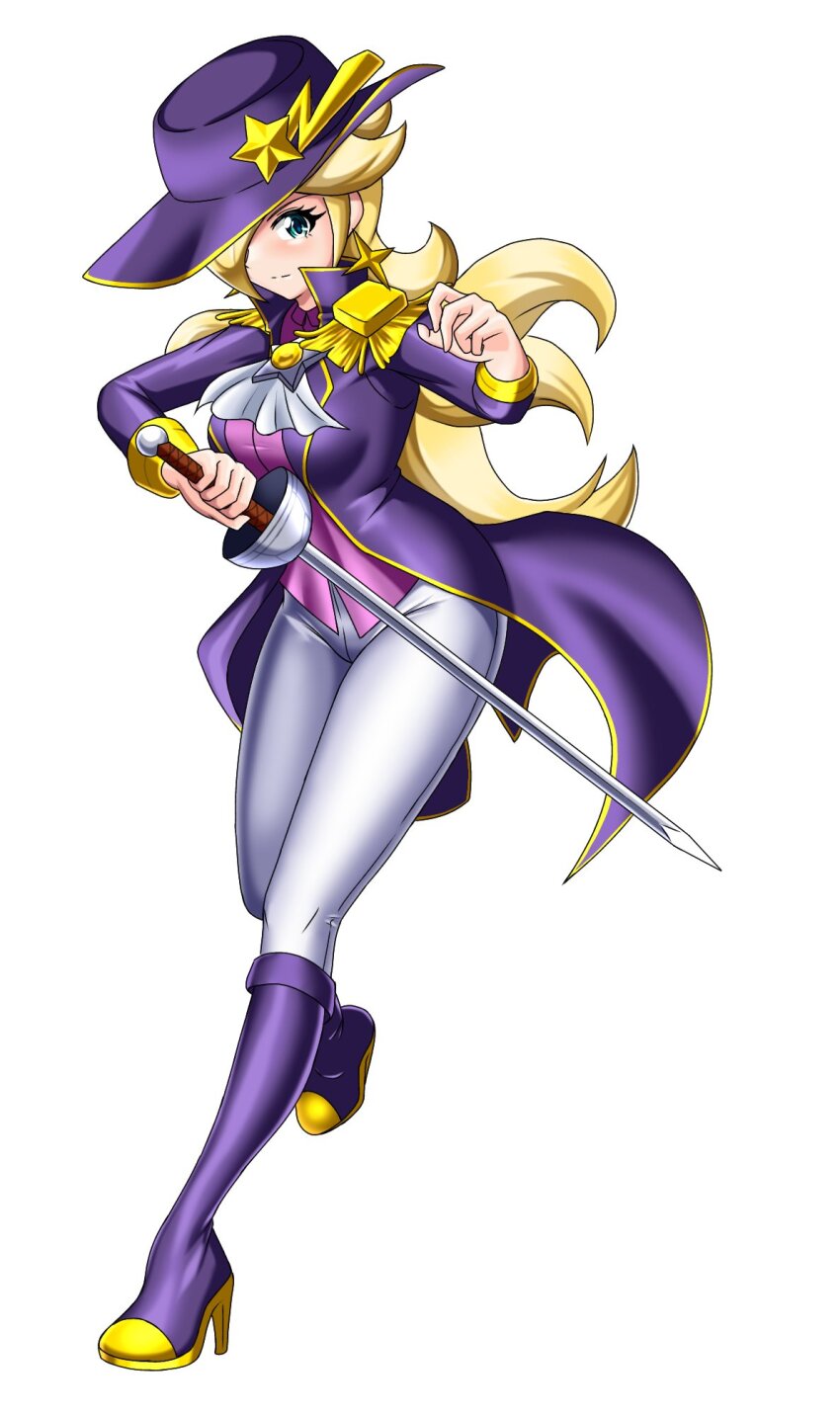 1girl ascot blonde_hair blue_eyes boots cavalier_hat coat cosplay earrings hair_over_one_eye hat high_heel_boots high_heels highres irohazakayouth jewelry long_hair mario_(series) nintendo pants pink_vest princess_peach princess_peach:_showtime! princess_peach_(cosplay) purple_coat rapier rosalina solo star_(symbol) star_earrings sword swordfighter_peach vest weapon white_pants
