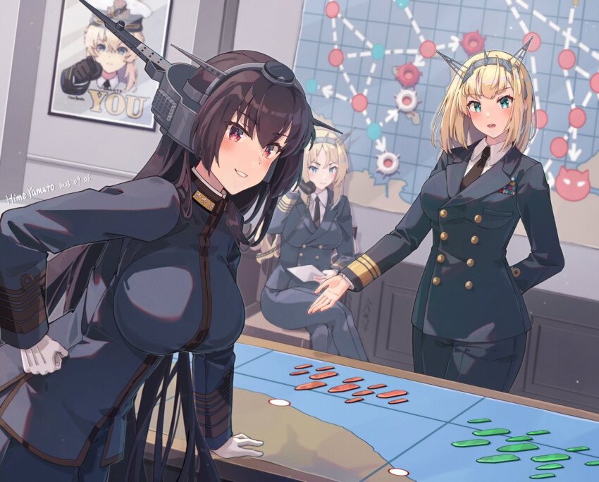 3girls alternate_costume black_hair black_necktie blonde_hair blue_eyes blue_jacket blue_pants breasts buttons collared_shirt double-breasted gloves headgear himeyamato i_want_you jacket kantai_collection large_breasts long_hair long_sleeves map medium_breasts military_dress_uniform military_uniform multiple_girls nagato_(kancolle) naval_dress_uniform naval_uniform necktie nelson_(kancolle) pants red_eyes rodney_(kancolle) shirt short_hair sitting standing very_long_hair white_gloves white_shirt