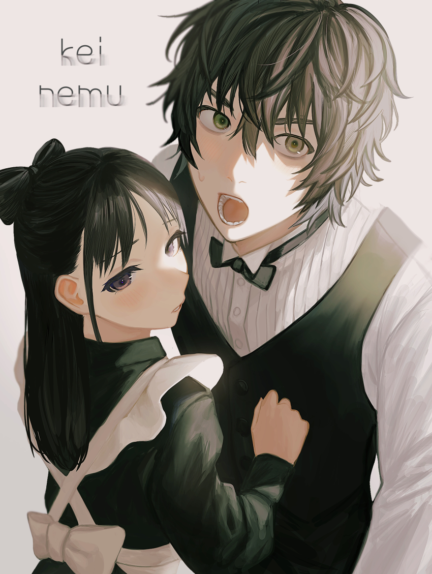 1boy 1girl :o apron black_bow black_bowtie black_hair black_vest bow bowtie character_name formal_clothes hair_between_eyes hetero highres long_hair magami_keigo messy_hair miyao_nemu nennen_(pixiv14003276) shirt simple_background vest white_background white_shirt witch_watch