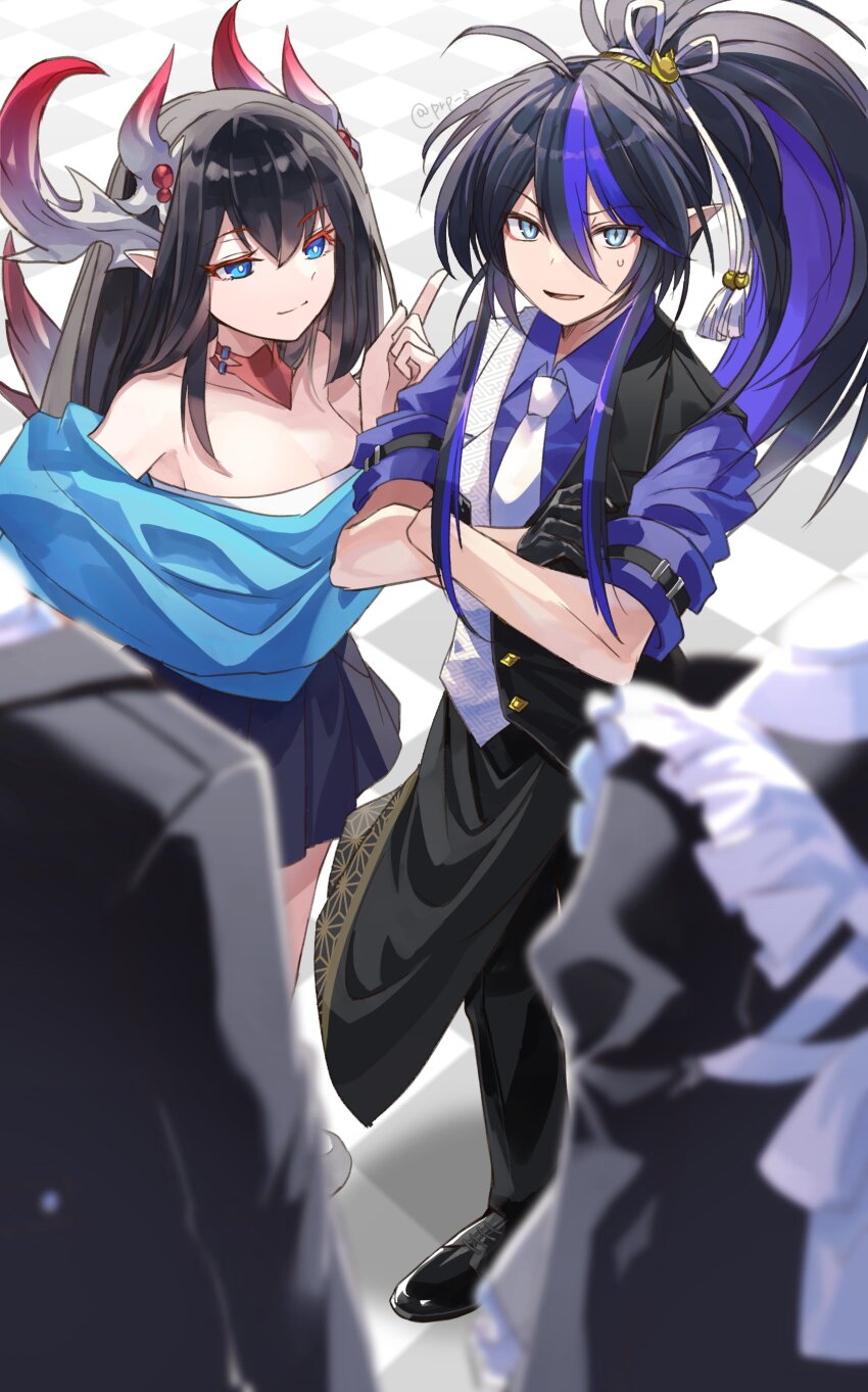 1boy 1girl absurdres ahoge apron bartender black_dress black_hair black_suit blue_eyes breasts butler dragon_girl dragon_horns dragon_tail dress formal_clothes frilled_apron frills gin_tonic_(p&amp;d) gloves highres horns kurotobi_(p&amp;d) long_hair maid maid_apron multicolored_hair multicolored_vest necktie open_mouth ponytail puffy_sleeves purple_hair puzzle_&amp;_dragons rakulog smile suit tail tuxedo_shirt white_apron