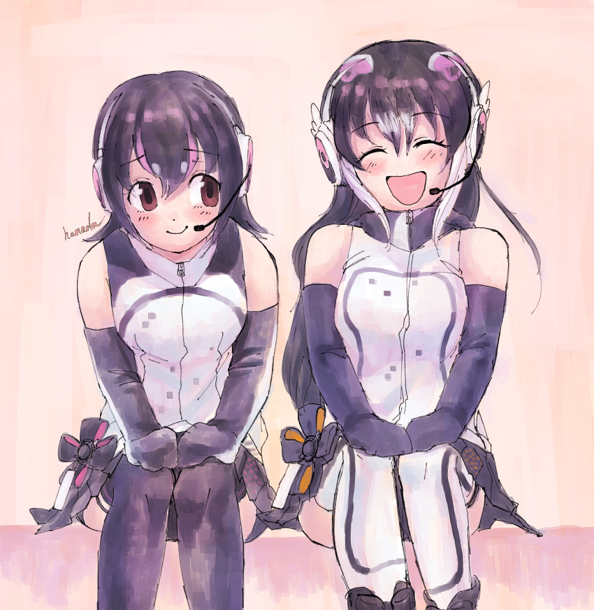 african_penguin_(kemono_friends) black_hair boots closed_mouth gloves hanada_(cobalt003) highres humboldt_penguin_(kemono_friends) kemono_friends kemono_friends_v_project long_hair looking_at_viewer microphone multicolored_hair open_mouth shirt short_hair simple_background sitting skirt smile straight_hair virtual_youtuber