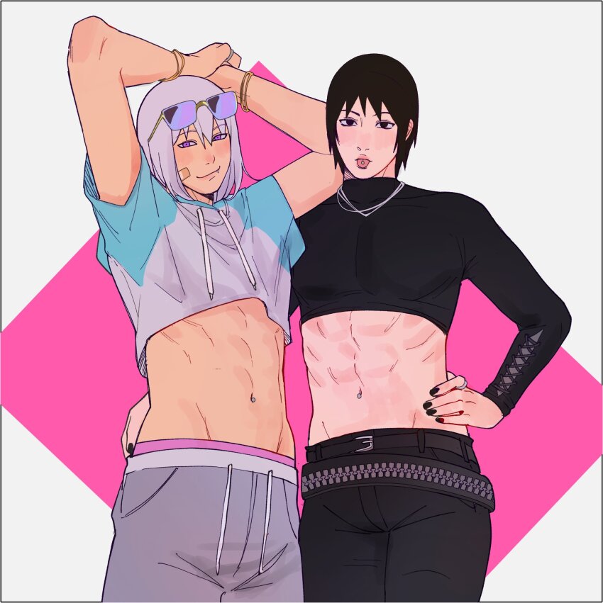 2boys alternate_costume arm_around_waist arms_up bandaid bandaid_on_face belt black_eyes black_hair black_shirt bracelet contemporary cropped_jacket cropped_shirt half-closed_eyes hand_on_own_hip highres hoozuki_suigetsu jacket jewelry long_sleeves male_focus multicolored_jacket multiple_boys nail_polish naruto_(series) naruto_shippuuden navel_piercing piercing purple_eyes ring sai_(naruto) shirt short_hair smile suika_suigetsu sunglasses_on_head tongue tongue_out tongue_piercing tooth_sticking_out_of_mouth white_background white_hair