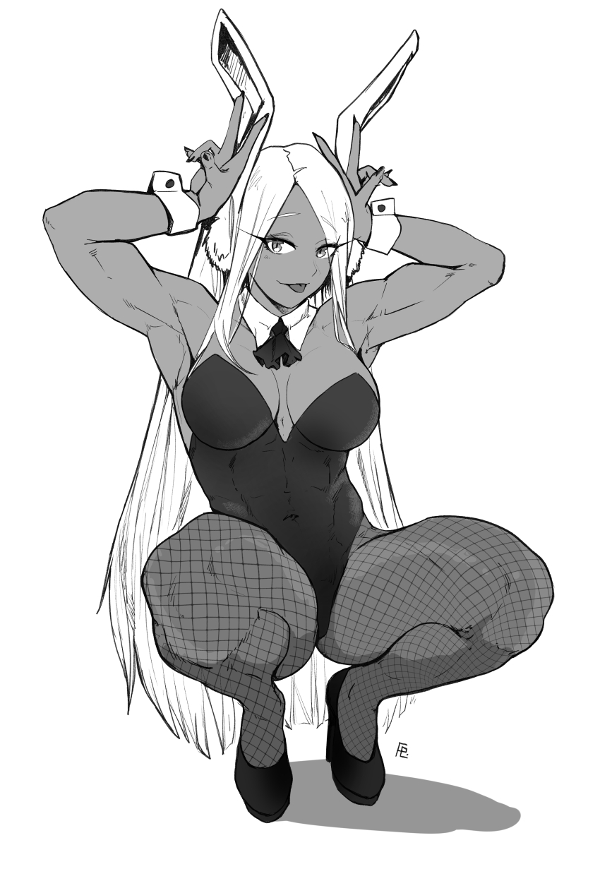 1girl absurdres animal_ears armpits arms_up artist_logo ascot bare_shoulders boku_no_hero_academia breasts commentary covered_abs covered_navel detached_collar double_v easter feindall fishnet_pantyhose fishnets hands_up high_heels highleg highleg_leotard highres large_breasts leotard logo long_eyelashes long_hair looking_at_viewer mirko monochrome pantyhose parted_bangs pumps rabbit_ears rabbit_girl rabbit_pose raised_eyebrows shadow simple_background smile solo spanish_commentary squatting thick_thighs thighs toned toned_female tongue tongue_out v very_long_hair white_background wrist_cuffs