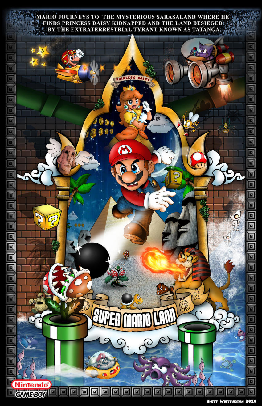 1boy 1girl aircraft airplane alien biokinton block_(object) blue_eyes bombshell_koopa bug bunbun_(mario) cloud coins crown dragonzamasu dress facial_hair fire flexing flying game_boy game_boy_(original) gameboy gloves goombo handheld_game_console hat highres hiyoihoi honen king_totomesu long_hair looking_at_viewer male_focus mario mario_(series) mustache nintendo orange_dress p._plant palm_tree paokinntonn plant pointy_ears princess_daisy puffy_short_sleeves puffy_sleeves pyramid_(structure) roketon short_sleeves smoking_pipe spacecraft spider stone sunglasses super_mario_land super_mushroom tatanga title tomboy torion tree water wings