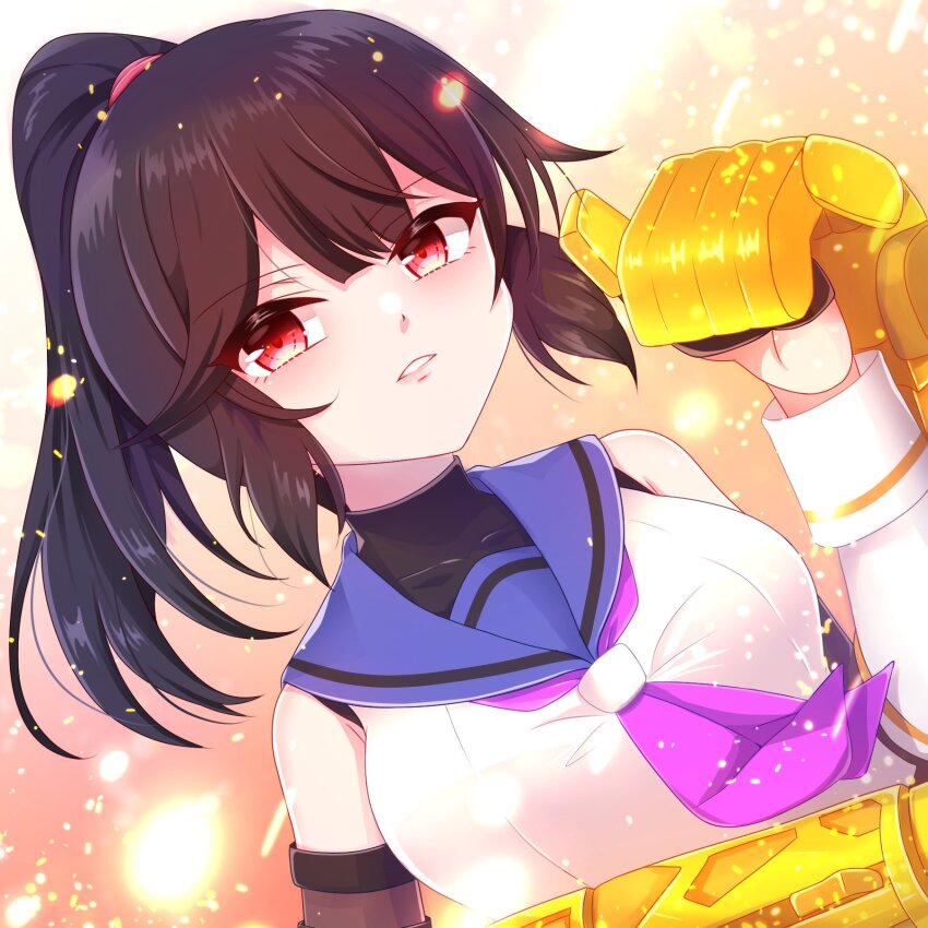 1girl anjou_seira assault_lily bare_shoulders black_footwear black_gloves black_hair black_shirt blue_sailor_collar blunt_bangs breasts commentary detached_sleeves dutch_angle gloves gradient_background half_gloves hands_up high_ponytail highres holding holding_weapon large_breasts light_particles long_hair long_sleeves looking_at_viewer nagasawa_yuki_(assault_lily) neckerchief odaiba_girls_high_school_uniform orange_background parted_lips ponytail power_fist purple_neckerchief red_eyes sailor_collar school_uniform serafuku shirt sleeveless sleeveless_shirt solo undershirt upper_body weapon white_shirt