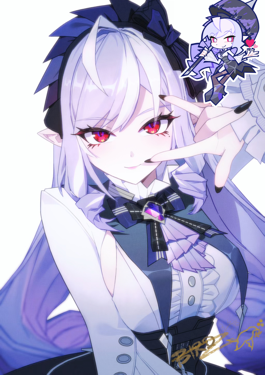 1girl \n/ absurdres ascot black_dress black_nails bow bowtie center_frills chibi dress eve_fcat frills gem hairband highres holding holding_umbrella long_hair mole mole_under_eye pointy_ears purple_ascot purple_bow purple_bowtie purple_gemstone purple_hair purple_hairband purple_umbrella red_eyes shrug_(clothing) sideboob_cutout umbrella vivian_banshee white_background white_shrug zenless_zone_zero