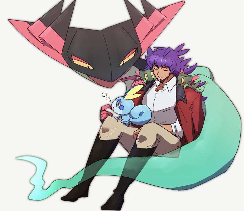 1boy black_footwear boots bubble closed_eyes collared_shirt dark-skinned_male dark_skin dragapult dreepy facial_hair gen_8_pokemon highres leon_(pokemon) long_hair male_focus morio_(poke_orio) nintendo on_shoulder pants parted_lips pokemon pokemon_(creature) pokemon_on_leg pokemon_on_shoulder pokemon_swsh purple_hair shirt sleeping sobble tailcoat white_shirt