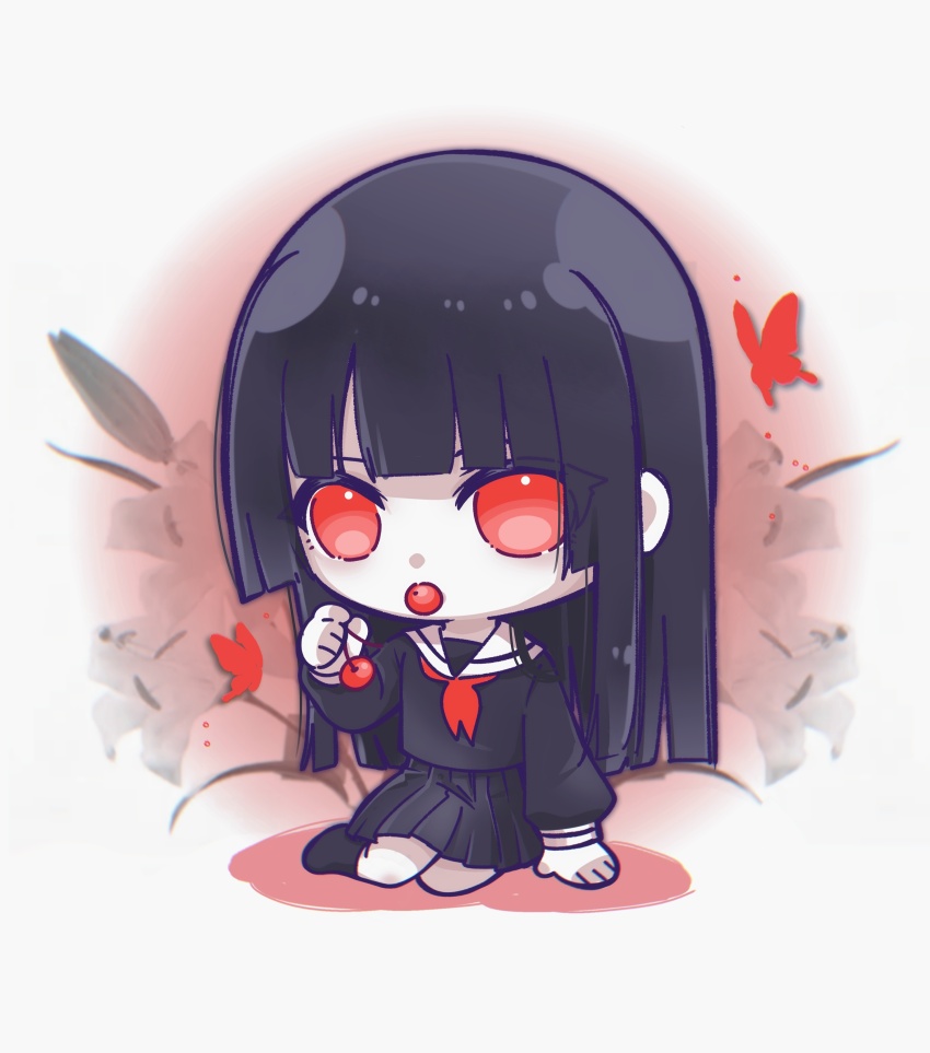 1girl absurdres black_hair black_serafuku black_shirt black_skirt blunt_bangs chibi chibi_only daijie_jiao_chu_lian_zhe_key eating enma_ai food fruit full_body highres holding holding_cherry holding_food holding_fruit jigoku_shoujo long_hair long_sleeves pleated_skirt red_eyes school_uniform serafuku shirt sitting skirt solo