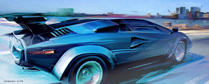 artist_name avakov black_car car commentary english_commentary from_side highres lamborghini lamborghini_countach motion_blur motor_vehicle original spoiler_(automobile) sports_car vehicle_focus