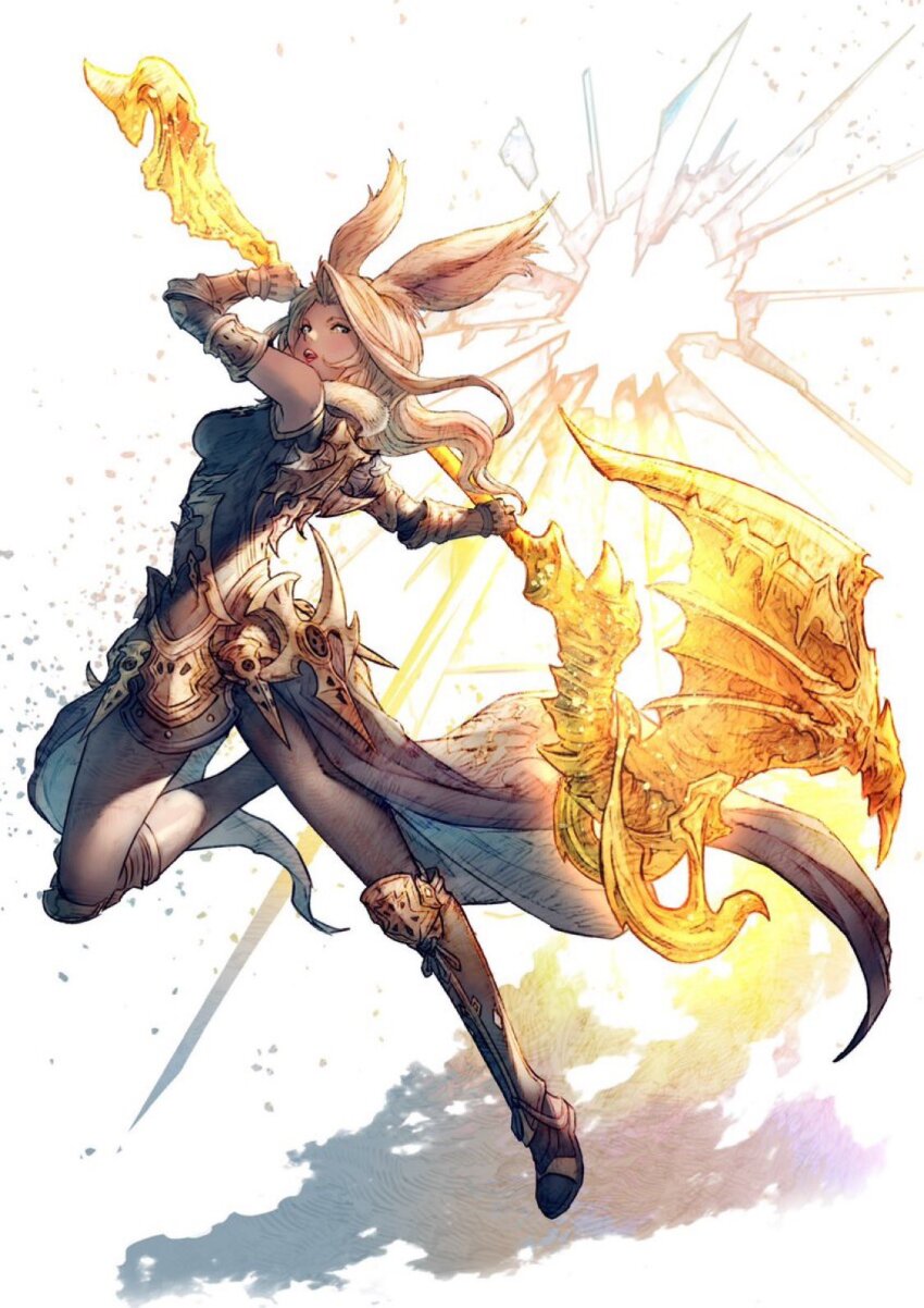 1girl animal_ears arm_up armor attack axe bare_shoulders battle_axe black_pantyhose blue_eyes breasts commentary crack dark-skinned_female dark_skin fighting_stance final_fantasy final_fantasy_xiv floating_hair full_body fur-trimmed_armor fur_trim gauntlets glowing glowing_weapon gold_trim greaves highres holding leg_up lipstick long_hair looking_to_the_side makeup medium_breasts open_mouth pantyhose poleyn rabbit_ears rabbit_girl shukei solo standing standing_on_one_leg symbol-only_commentary teeth twisted_torso two-handed upper_teeth_only viera waist_cape warrior_(final_fantasy) warrior_of_light_(ff14) weapon white_background white_hair