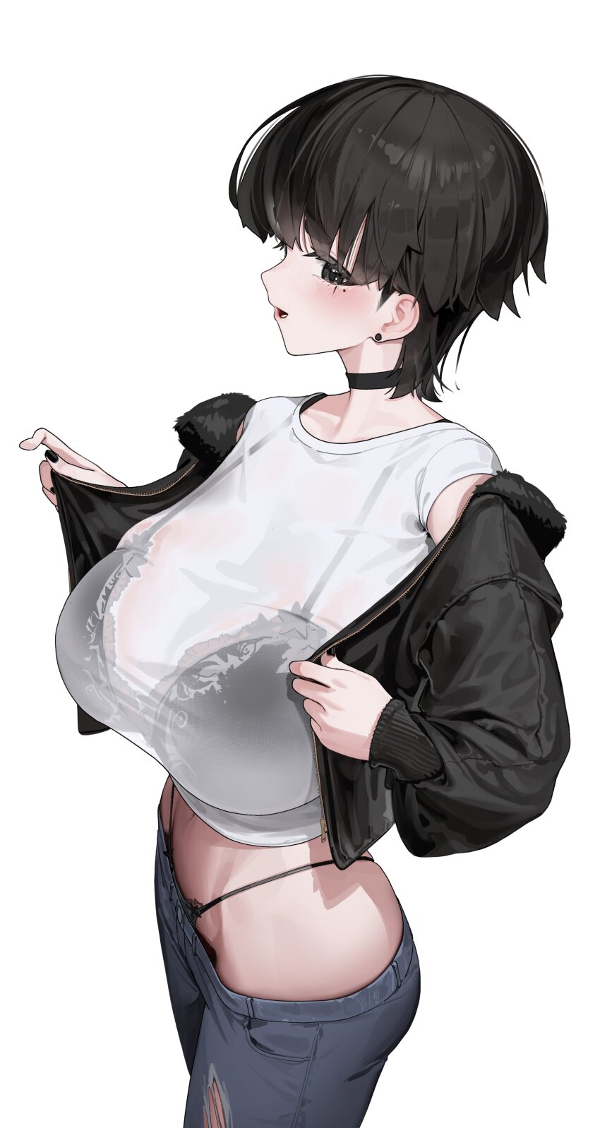 1girl absurdres black_bra black_choker black_eyes black_hair black_jacket black_nails black_panties blush bra bra_visible_through_clothes breasts choker crop_top cropped_jacket cropped_shirt denim earrings eyelashes highres jacket jeans jewelry lace lace_bra lace_panties large_breasts lingerie looking_at_viewer looking_to_the_side mole mole_under_eye nail_polish navel open_clothes open_jacket open_mouth original panties pants rene_(tagua) shirt short_hair simple_background skinny_jeans solo sparkling_eyes tagua teeth torn_clothes torn_jeans torn_pants underwear very_short_hair white_background white_shirt