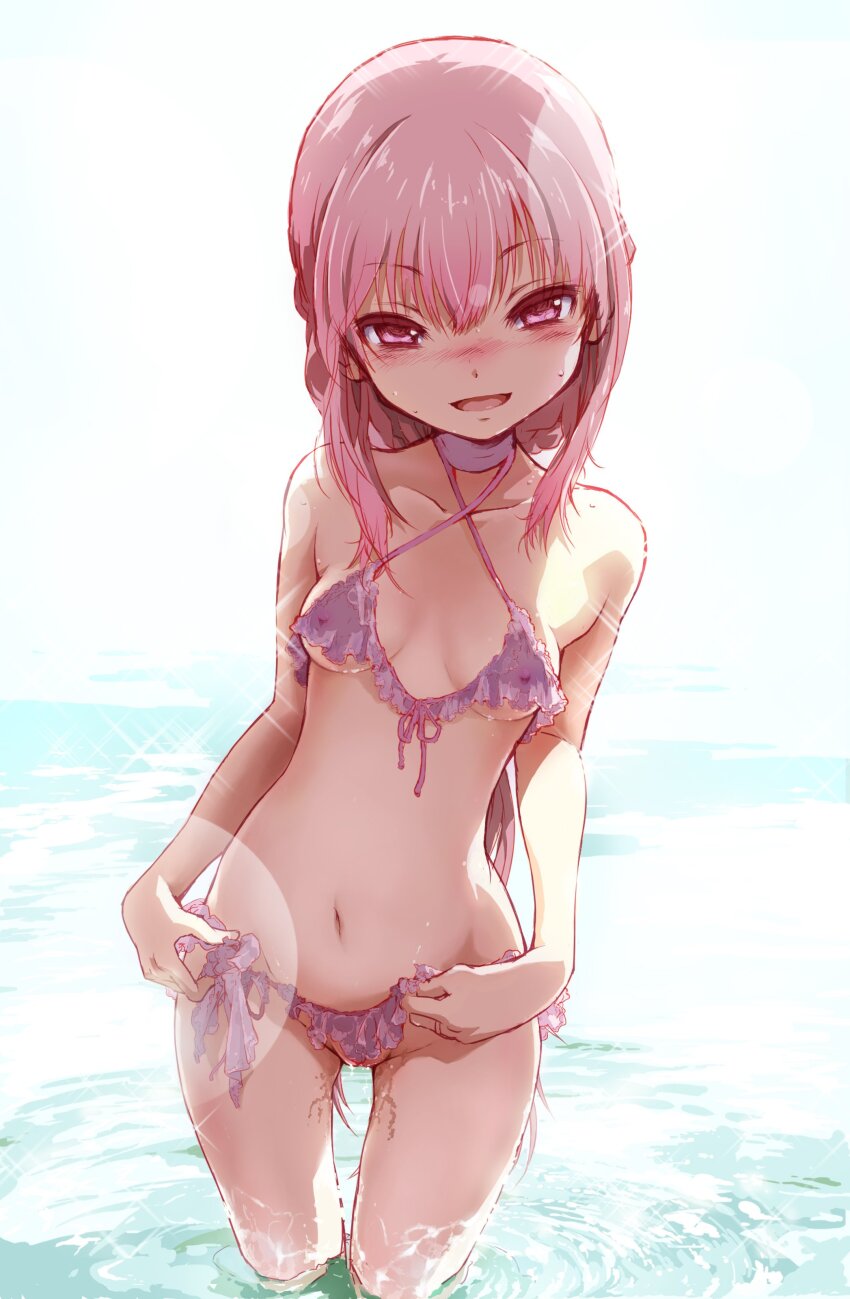 1girl absurdres backlighting bikini blush breasts covered_erect_nipples frilled_bikini frills highres long_hair looking_at_viewer magia_record:_mahou_shoujo_madoka_magica_gaiden mahou_shoujo_madoka_magica navel open_mouth pink_bikini pink_eyes pink_hair shiika_sadamasa small_breasts smile solo swimsuit tamaki_iroha tamaki_iroha_(swimsuit_costume) thigh_gap wading water wet