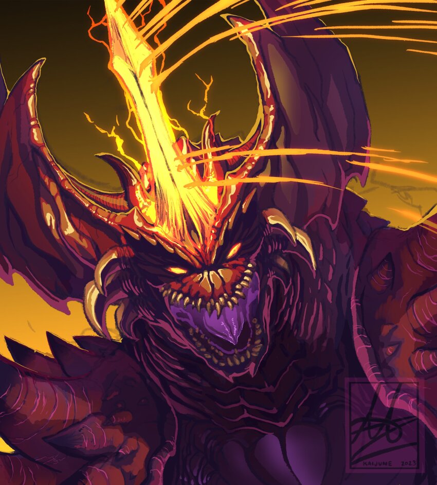 alex_alcanter crest destoroyah electricity energy giant giant_monster glowing glowing_eyes glowing_horns godzilla_(series) godzilla_vs._destoroyah highres horns kaiju monster no_humans no_pupils open_mouth sharp_teeth shoulder_spikes single_horn spikes teeth toho tongue tusks yellow_eyes