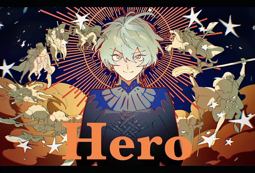 2boys animal areadbhar_(fire_emblem) armor arms_up black_armor closed_mouth commentary_request dimitri_alexandre_blaiddyd dimitri_alexandre_blaiddyd_(timeskip) double-parted_bangs fire_emblem fire_emblem:_three_houses fur_trim gorget green_eyes green_hair highres holding holding_polearm holding_weapon horse horseback_riding letterboxed looking_at_viewer male_byleth_(enlightened)_(fire_emblem) male_byleth_(fire_emblem) male_focus multiple_boys multiple_views nintendo own_hands_together polearm reins riding short_hair shumatsu3210 smile solo_focus star_(symbol) upper_body weapon wolf_cut