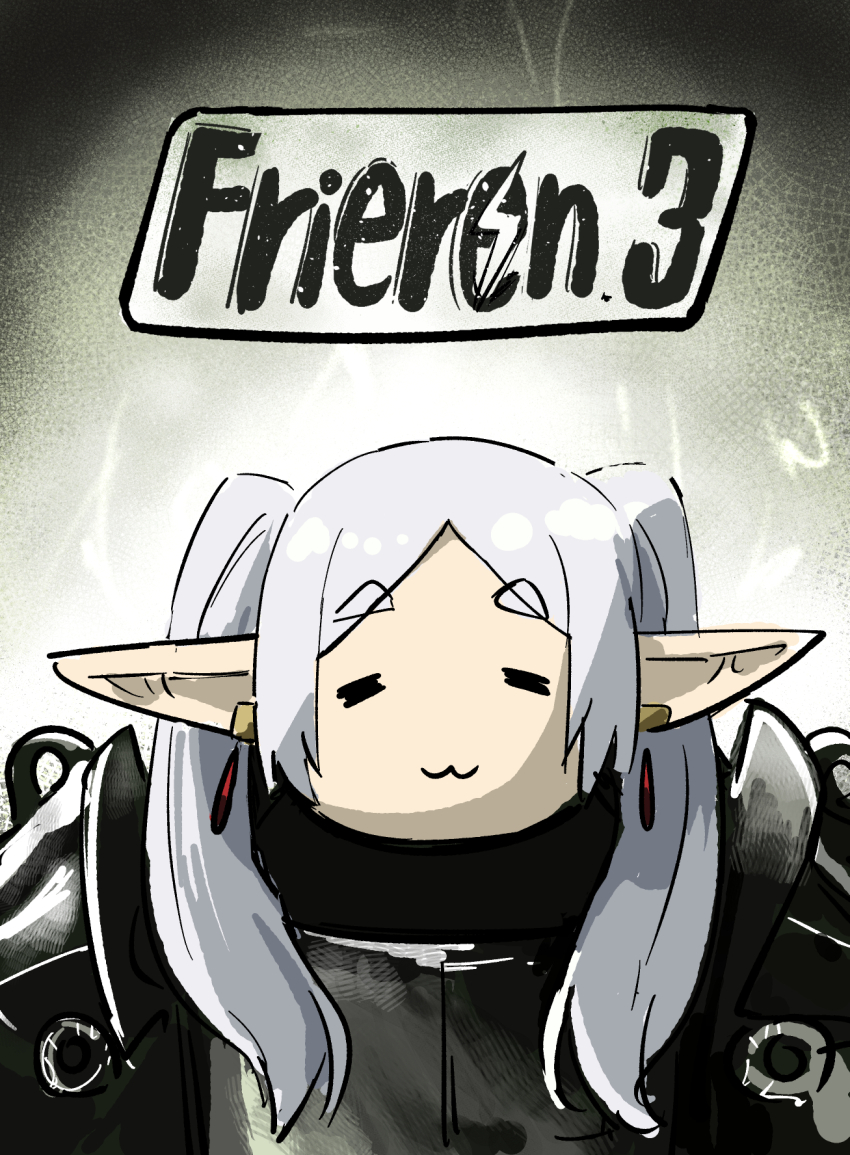 1girl :3 =_= armor closed_eyes closed_mouth commentary_request earrings elf facing_viewer fallout fallout_3 frieren grey_hair highres jewelry long_hair long_pointy_ears parody parted_bangs pointy_ears poster_parody power_armor sidelocks smile solo sousou_no_frieren straight-on tenten_(chan4545) twintails upper_body