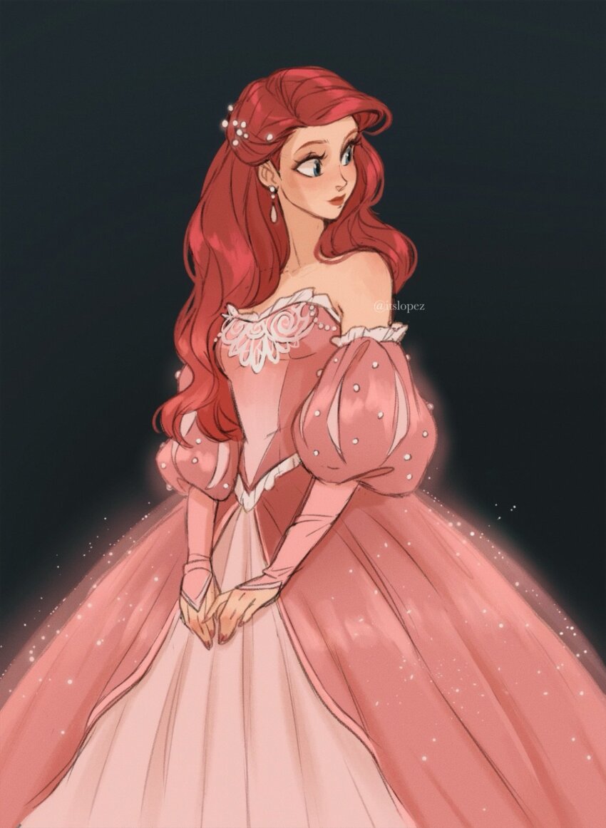 1girl ariel_(disney) bare_shoulders black_background blue_eyes breasts cowboy_shot detached_sleeves dress earrings hair_over_shoulder highres itslopezz jewelry juliet_sleeves long_dress long_hair long_sleeves looking_to_the_side medium_breasts own_hands_together pink_dress puffy_sleeves red_hair solo swept_bangs the_little_mermaid_(disney) twitter_username wavy_hair