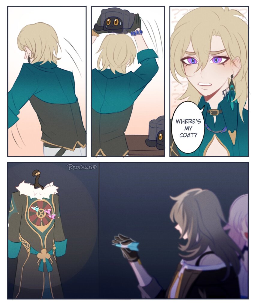 1boy 2girls absurdres aventurine_(honkai:_star_rail) blonde_hair dart earrings english_text grey_hair highres holding_dart honkai:_star_rail honkai_(series) jewelry march_7th_(honkai:_star_rail) march_7th_(preservation)_(honkai:_star_rail) multiple_girls pink_hair purple_eyes rubyredart short_hair single_earring speech_bubble stelle_(honkai:_star_rail) trailblazer_(honkai:_star_rail)
