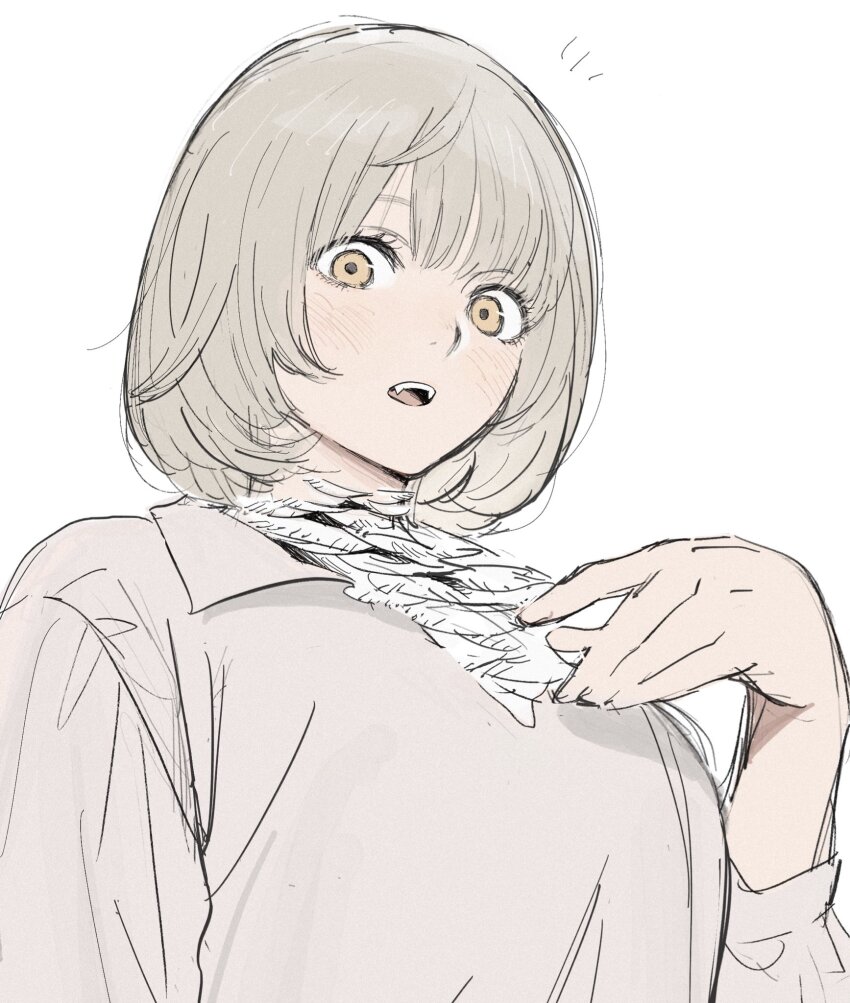 1girl blonde_hair blunt_bangs breasts brown_shirt collared_shirt dungeon_meshi falin_touden fangs feathers frs2 hand_on_own_chest highres large_breasts long_sleeves looking_at_viewer notice_lines open_mouth parted_lips shirt short_hair simple_background solo white_background yellow_eyes