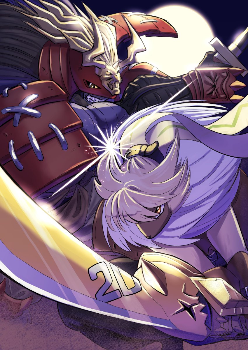 2boys absurdres armor belt digimon digimon_ghost_game highres holding holding_sword holding_weapon mask moon multiple_boys musyamon night night_sky rabbit samurai sky sword symbareangoramon weapon zubamon