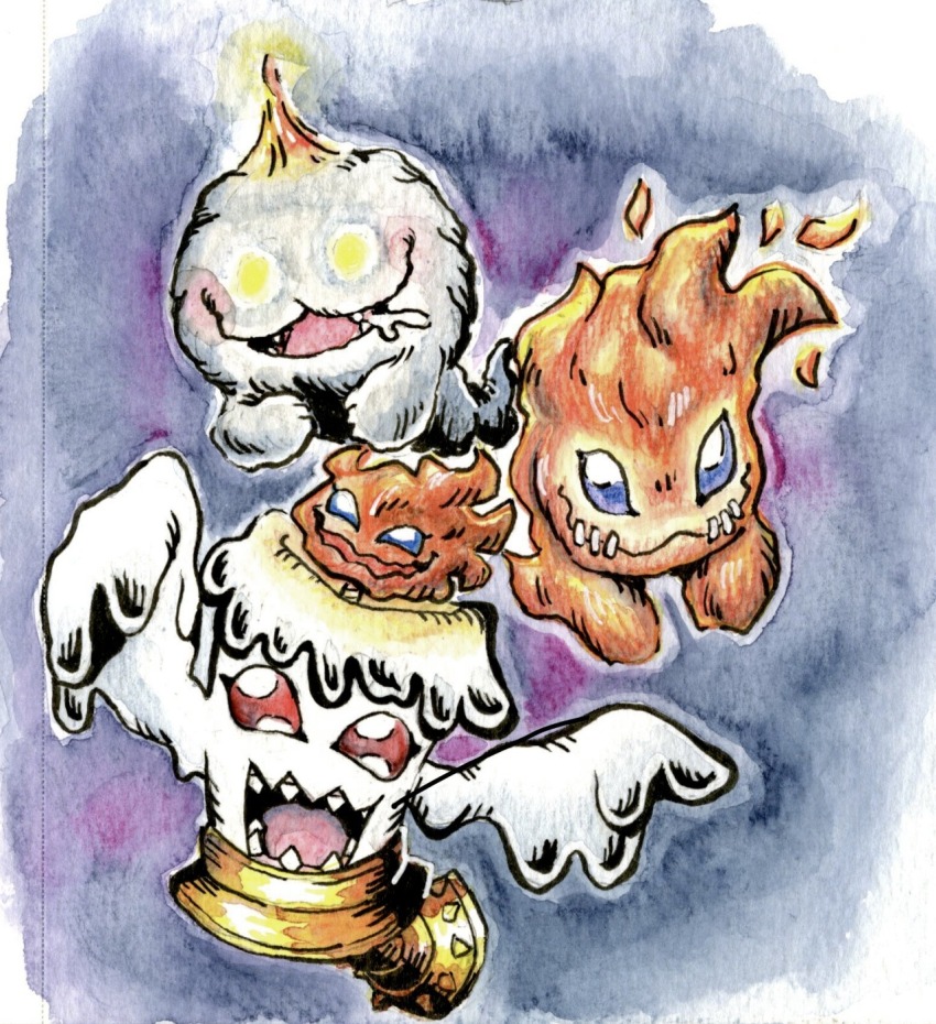 blue_eyes candle candmon digimon digimon_(creature) evolutionary_line fire highres mokumon petimeramon sharp_teeth smile smoke teeth