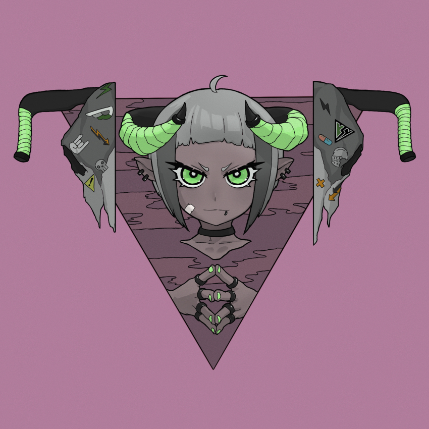 1girl black_choker blunt_bangs bright_pupils choker commentary_request cropped_head dark_skin ear_piercing green_eyes handlebar highres horns jewelry lip_piercing looking_at_viewer original own_hands_together piercing pink_background pointy_ears post_(shake_shakepost) ring short_eyebrows short_hair steepled_fingers triangle white_pupils