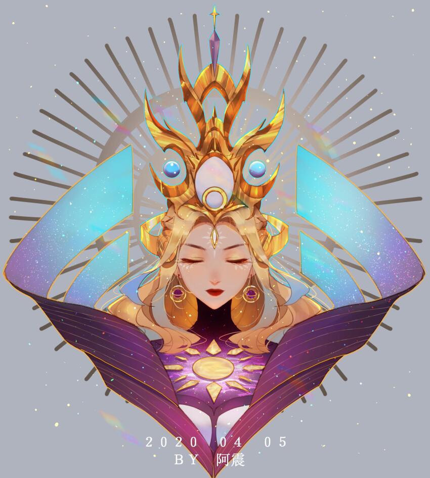 1girl artist_name blonde_hair closed_eyes closed_mouth cropped_head dated earrings eyeshadow grey_background hair_ornament highres jewelry long_hair makeup official_alternate_costume parted_bangs portrait red_lips solo wangzhe_rongyao wu_zetian_(wangzhe_rongyao) yellow_eyeshadow yi_er_san