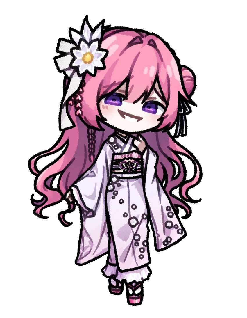 1girl absurdres alternate_costume blush braid dorothy_(nikke) double-parted_bangs flower frills goddess_of_victory:_nikke hair_bun hair_flower hair_intakes hair_ornament highres japanese_clothes kimono leamun long_hair looking_at_viewer obijime okobo pink_hair platform_sandals purple_eyes sandals side_braid single_side_bun solo standing wide_sleeves yukata