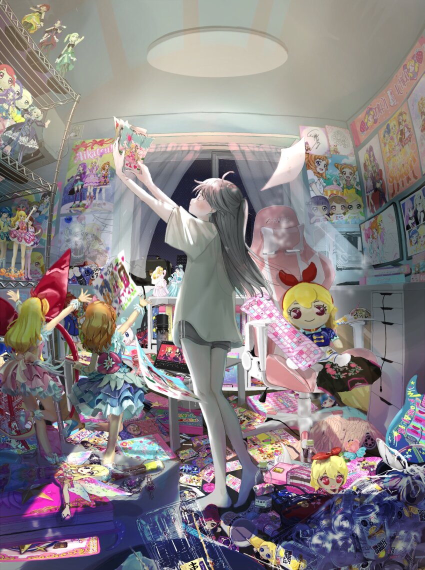 6+girls ahoge aikatsu! aikatsu!_(series) bag baggy_clothes barefoot bedroom beer_can blonde_hair blue_hair brown_hair can chair character_request cityscape computer_keyboard cup_ramen curtains desk drink_can figure from_behind gaming_chair highres holding hoshimiya_ichigo idol indoors long_hair merchandise messy_room monitor multiple_girls night orange_hair original ozora_akari photoshop_(medium) plastic_bag poster_(object) purple_hair red_eyes school_uniform shinanashina shirt short_shorts shorts starlight_academy_school_uniform stuffed_toy swivel_chair t-shirt tablet_pc white_hair