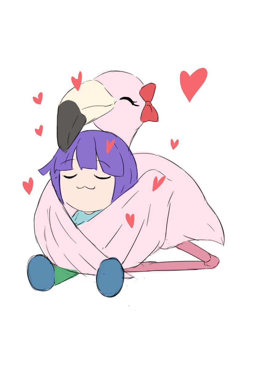 1boy :3 absurdres bird blue_shirt bow chibi child closed_eyes closed_mouth cru flamingo heart highres hug kobayashi-san_chi_no_maidragon magatsuchi_shouta on_floor purple_hair shirt simple_background sitting sketch smile