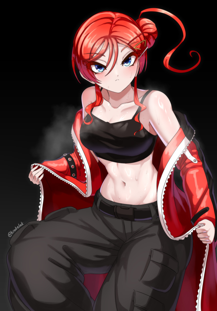 1girl absurdres black_background black_pants black_sports_bra blue_eyes breasts cargo_pants cleavage closed_mouth coat collarbone commentary feet_out_of_frame frown hair_bun highres krakelak leg_up long_sleeves love_live! love_live!_superstar!! medium_breasts navel off_shoulder pants pocket red_coat red_hair short_hair_with_long_locks single_side_bun solo sports_bra stomach toned toned_female tsurime twitter_username v-shaped_eyebrows yoneme_mei