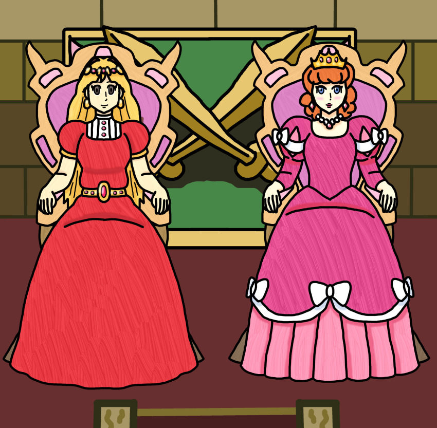 2girls blonde_hair blue_eyes breasts brown_hair crown dress earrings elf highres jewelry medium_breasts multiple_girls necklace nintendo pink_dress pointy_ears princess_zelda sitting smile the_legend_of_zelda the_legend_of_zelda:_a_link_to_the_past throne_room tiara wall zelda_ii:_the_adventure_of_link