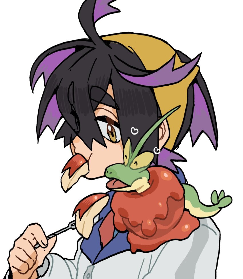 1boy ^_^ apple apple_rabbit azukimomonaka black_hair blue_shirt closed_eyes commentary_request crossed_bangs dipplin eating food food_art food_in_mouth fork fruit hair_over_one_eye hairband heart highres holding holding_fork jacket kieran_(pokemon) long_sleeves male_focus multicolored_hair nintendo on_shoulder open_mouth orange_eyes orange_hairband pokemon pokemon_(creature) pokemon_on_shoulder pokemon_sv purple_hair shirt simple_background white_background white_jacket