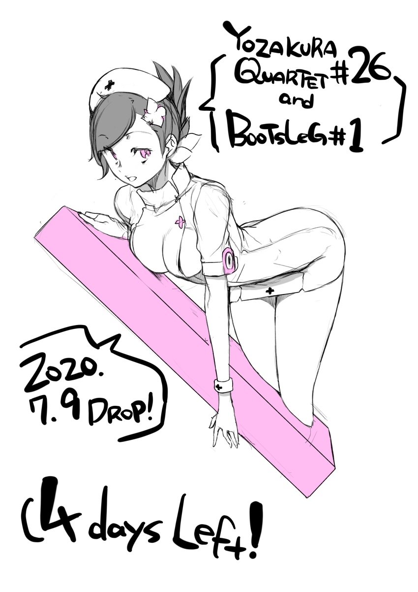 1girl absurdres breasts cropped_legs flower greyscale hair_flower hair_ornament hairclip hat highres looking_at_viewer monochrome nurse nurse_cap official_art open_mouth short_hair skirt smile solo spot_color v_juri_f white_background yasuda_suzuhito yozakura_quartet