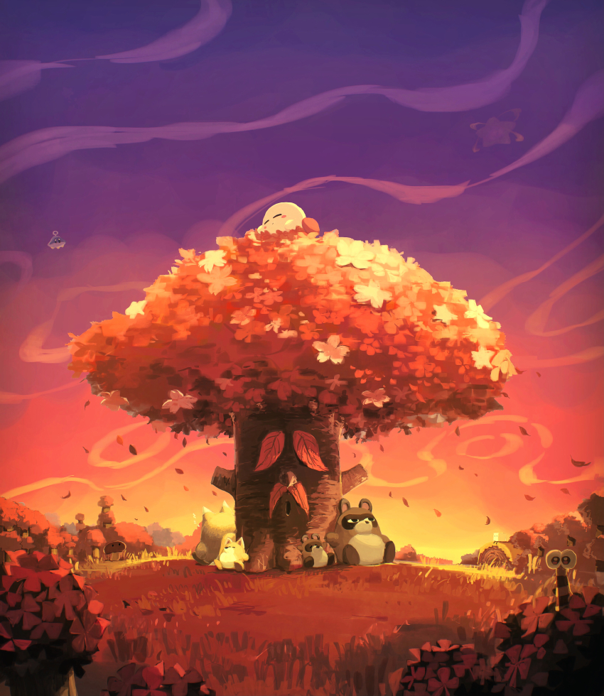 absurdres animal autumn_leaves boxboy! bush capiller_(kirby) character_request closed_eyes con_(kirby) flying fox grass grasslands highres kirby kirby_(series) leaf lying nintendo on_back on_stomach outdoors planet_popstar pon_(kirby) qbby raccoon sky sleeping sunset suyasuyabi tree ufo_(kirby) wind yggy_woods