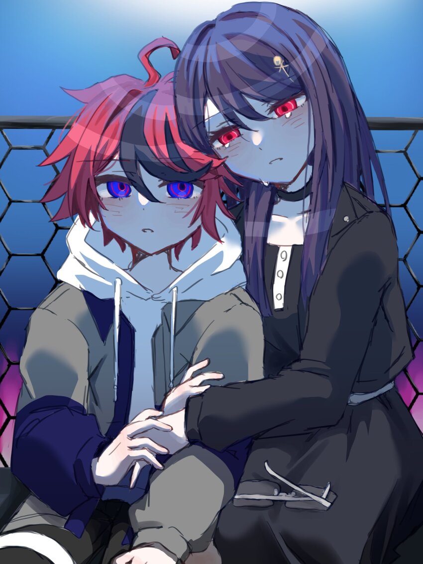 ahoge black_dress black_hair black_jacket blue_eyes blush collar crying crying_with_eyes_open drawstring dress glasses hair_between_eyes highres hood hoodie jacket long_hair long_sleeves looking_at_viewer messy_hair moonlight night night_sky purple_hair red_eyes red_hair shizuhara_hiruko sky sumino_takumi tears the_hundred_line_-last_defense_academy- unworn_eyewear white_hoodie
