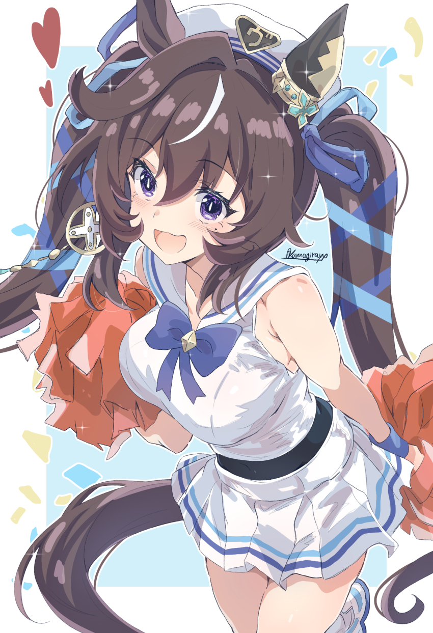 1girl :d animal_ears beret breasts brown_hair cheerleader ear_covers hat heart highres holding holding_pom_poms horse_ears horse_girl horse_tail kannagiray large_breasts long_hair looking_at_viewer mole mole_under_eye open_mouth pom_pom_(cheerleading) pom_poms purple_eyes single_ear_cover skirt smile solo tail thighs twintails umamusume vivlos_(umamusume) white_hat white_skirt